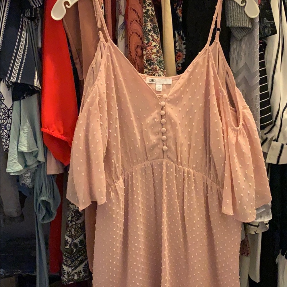 Pale pink chiffon off the shoulder shirt